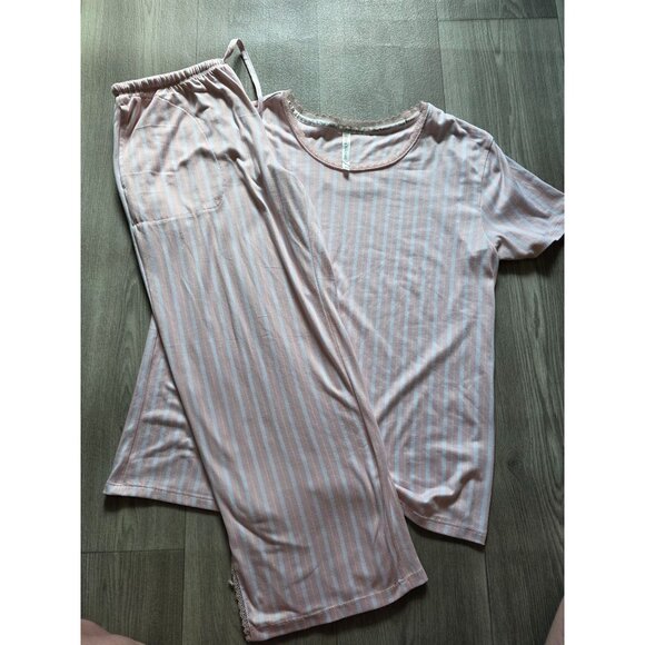 Flora Nikrooz Womens Pink & White Striped Pajama Set With Lace Trim - Picture 1 of 7
